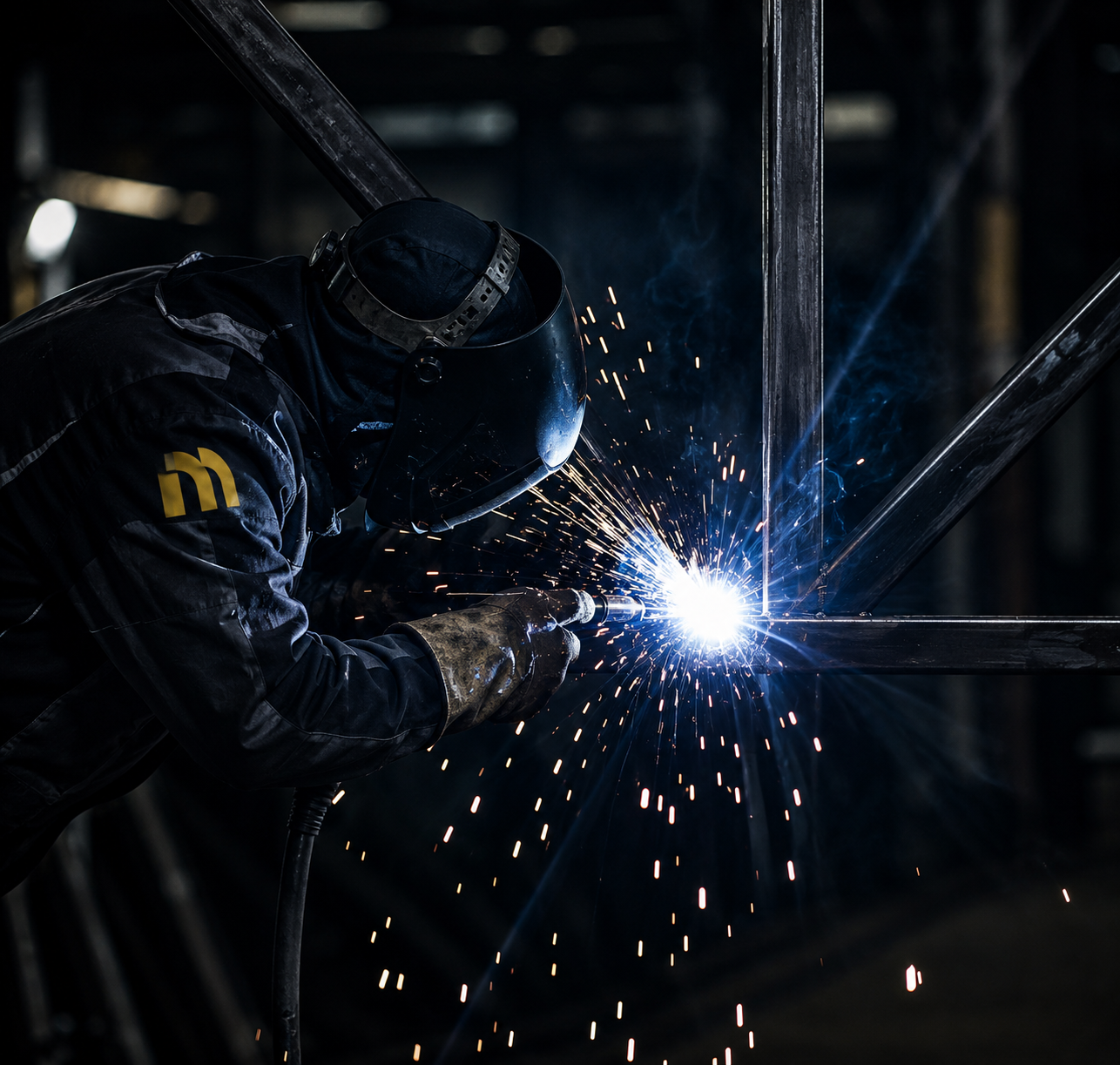 Welder fabricating a steel structure in the Metalex workshop