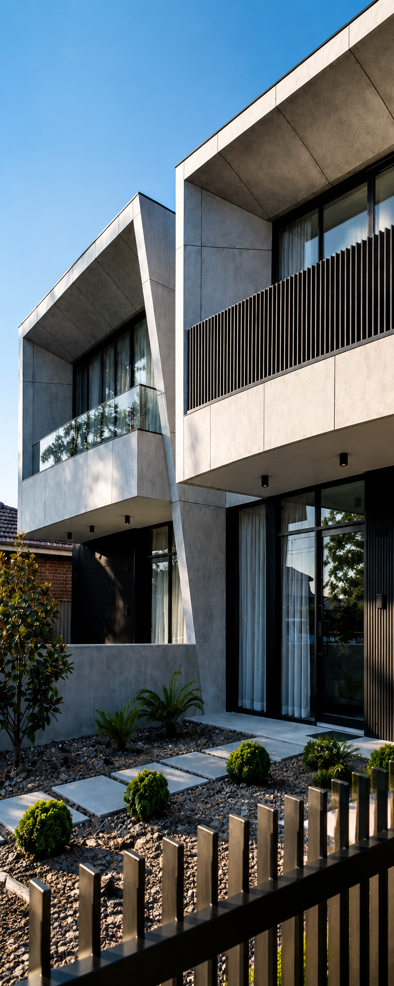 Contemporary Sydney duplex with custom black slat fencing, glass balcony and metal cladding