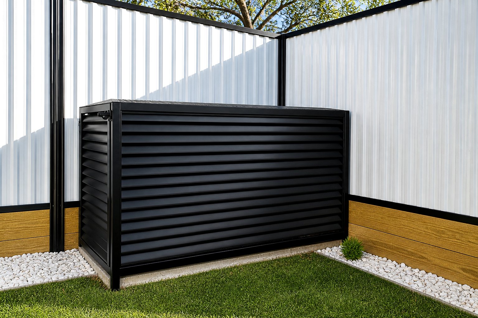 Custom black louvered metal enclosure in a landscaped backyard