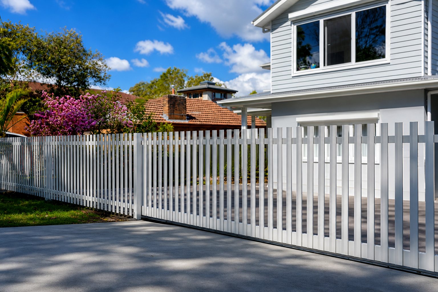 White aluminium sliding driveway gate fabricated and installed by Metalex