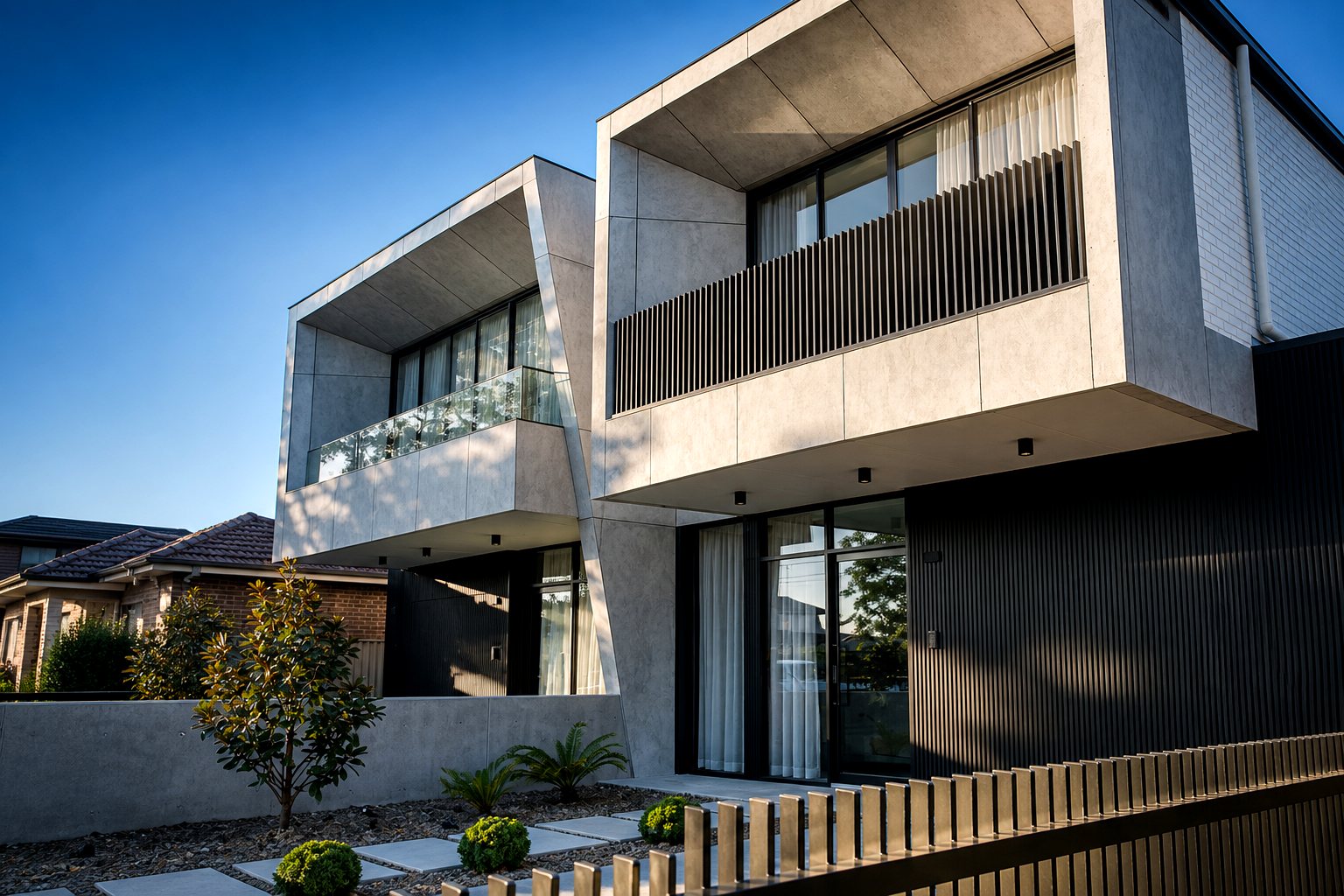 Contemporary Sydney duplex with custom black slat fencing, glass balcony and metal cladding