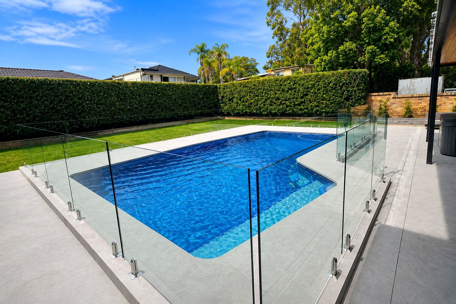 Frameless glass pool fence with stainless steel spigots around a residential pool