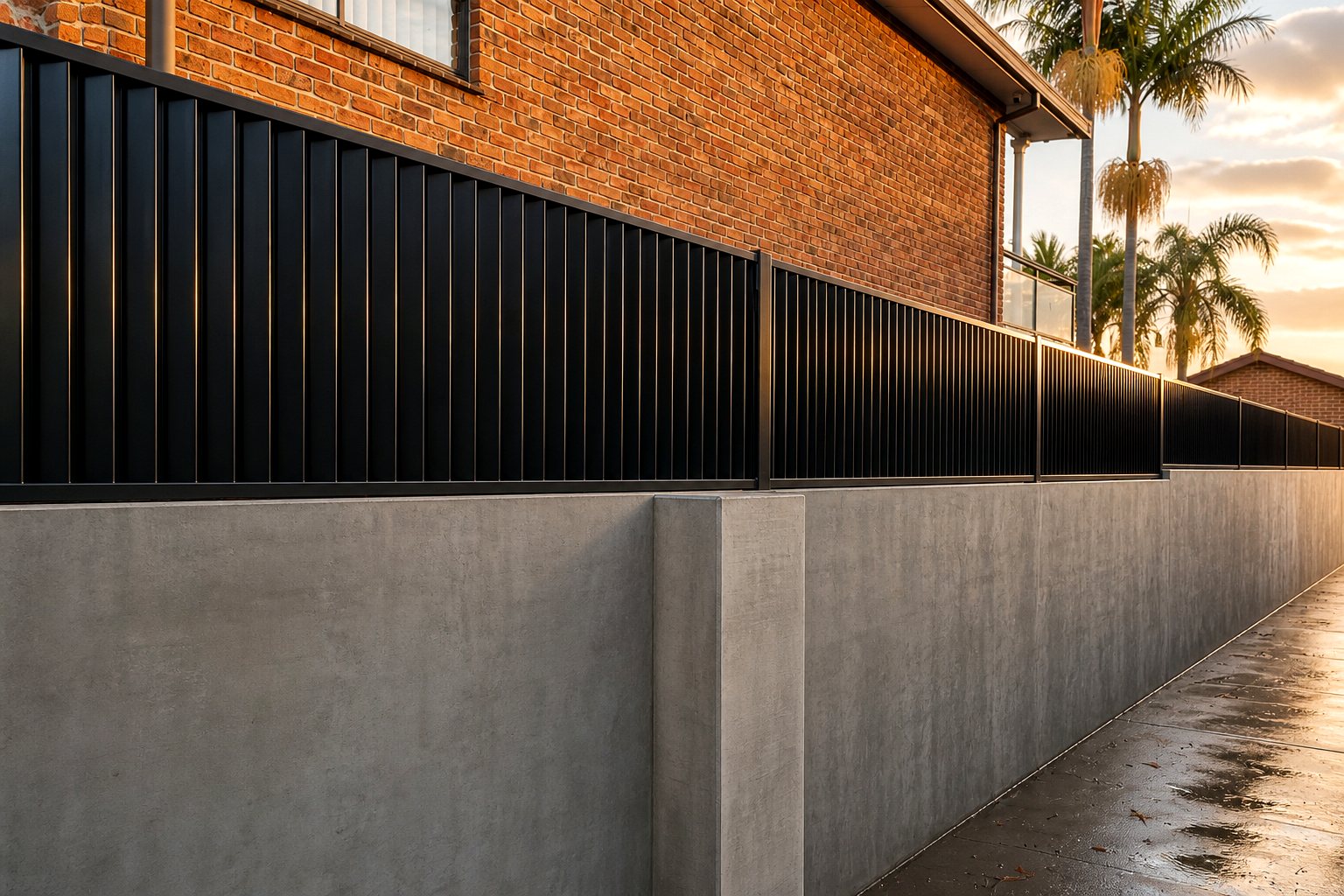 Black steel privacy fence on a rendered wall at golden hour